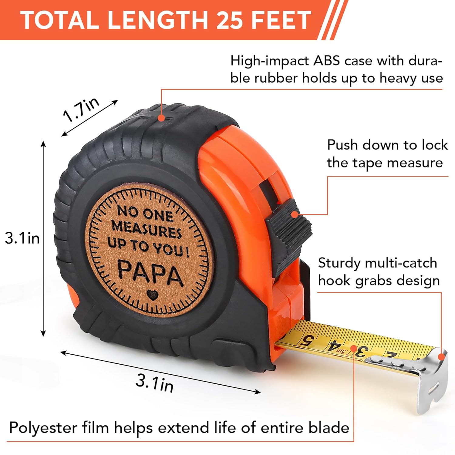 Gifts for Grandpa Papa Birthday Fathers Day Papa Gifts from Grandkids, Grandpa Grandfather Gifts from Granddaughter Grandson, Grandparents Day Gift, Genuine Leather Engraved 25 FT Tape Measure - Image 3