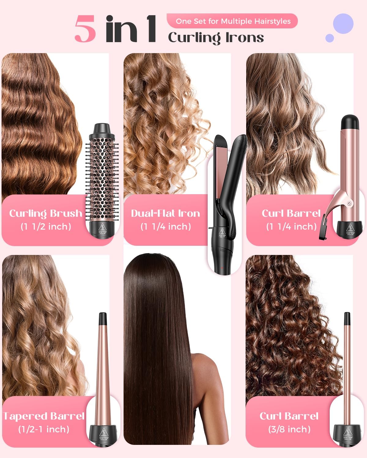 5 in 1 Curling Iron with Thermal Brush and 4 Interchangeable Ceramic Barrels(1/2 to 1 1/2 inch), Curling Wand Set with Flat Iron, Fast Heating, Dual Voltage Hair Curler, Gifts for Women - Image 2