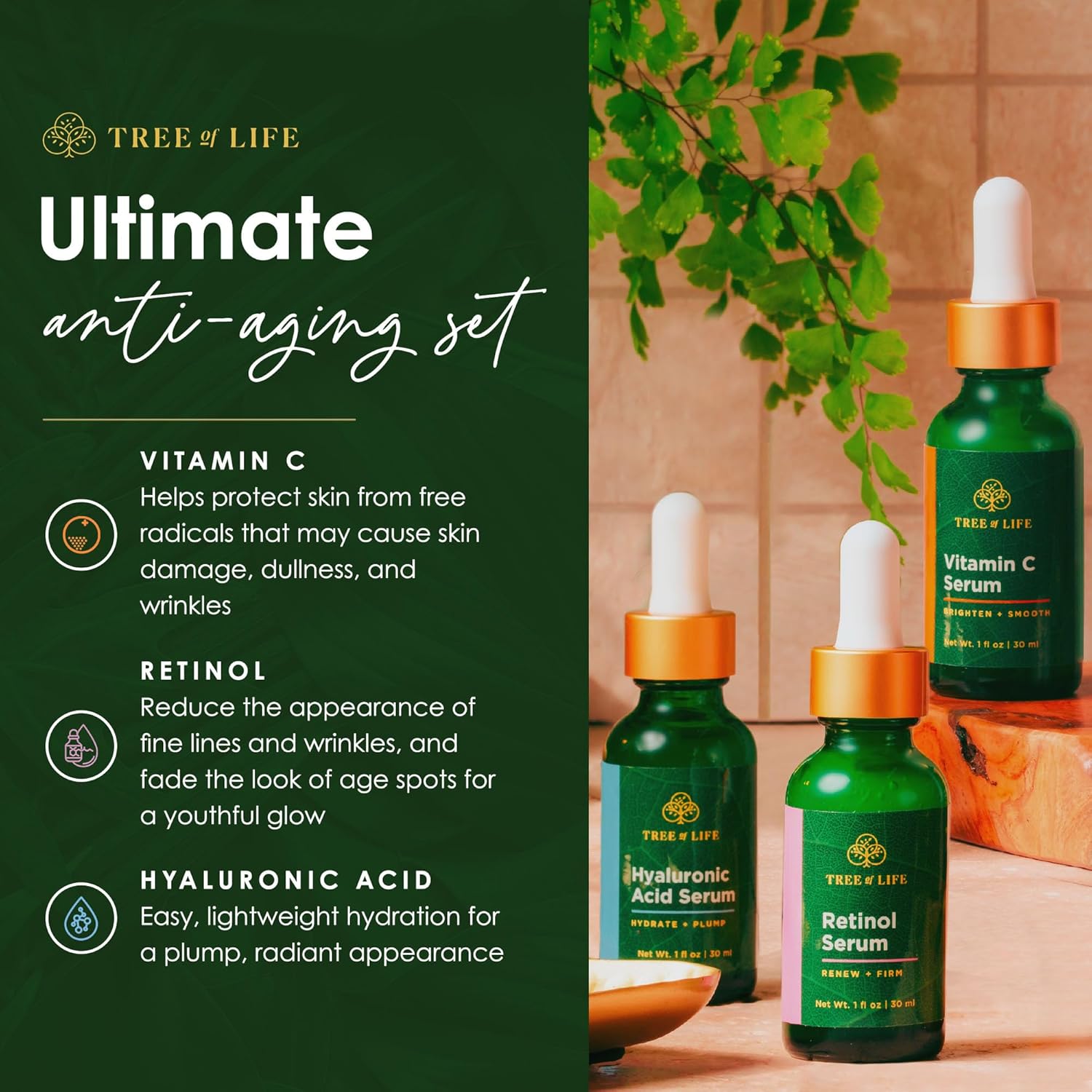 Tree of Life Beauty Facial Skin Care Set, Brightening, Firming & Hydrating Face Serums - Vitamin C, Retinol & Hyaluronic Acid for Smooth Radiant Skin, Dermatologist Tested, 1 Fl Oz (Pack of 3) - Image 5