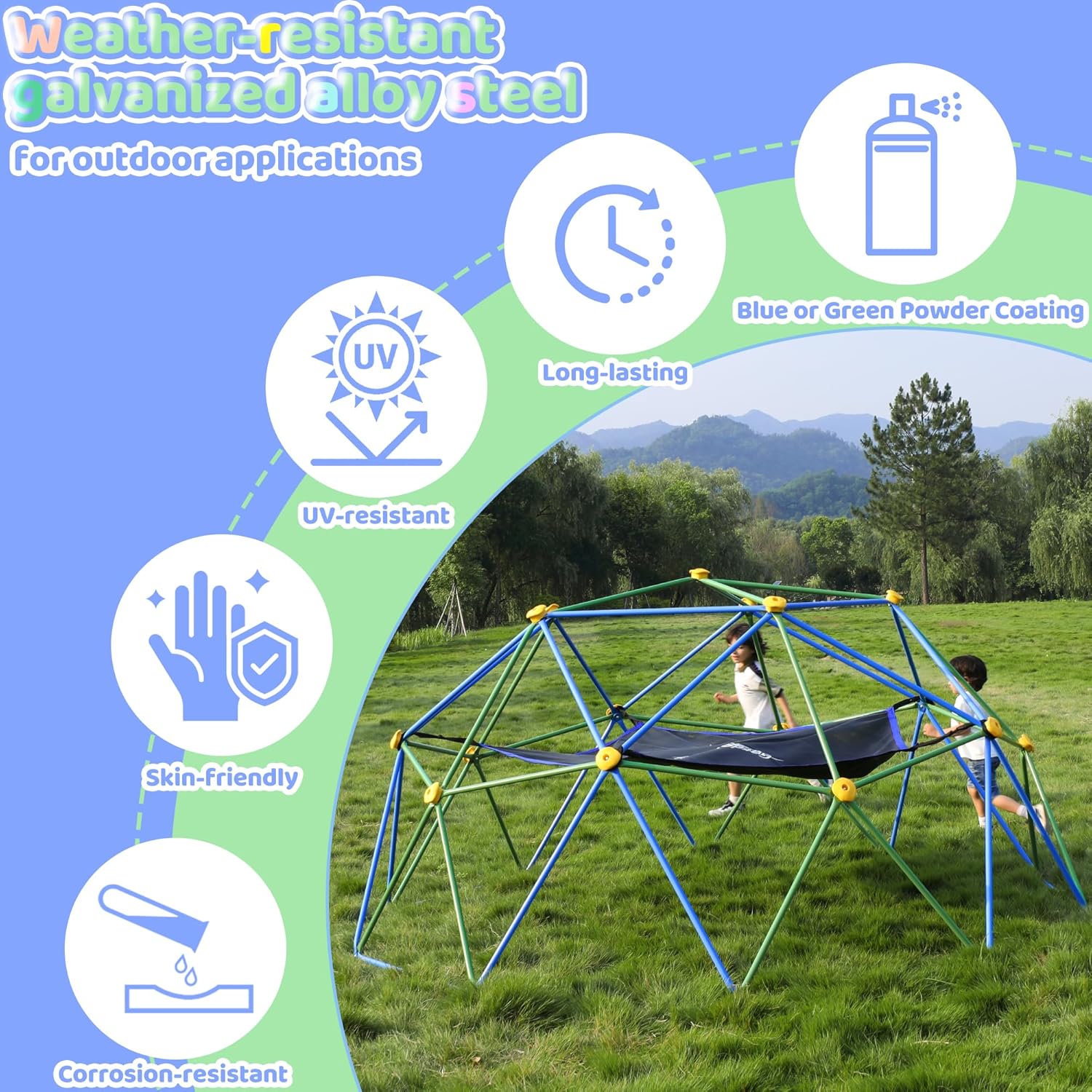 Gardenature 10FT Climbing Dome with Hammock, Outdoor Jungle Gym for Kids, Geometric Dome Climber Supporting 880 Lbs Anti-Rust Metal Outdoor Play Structure ASTM Approved Blue & Green - Image 3
