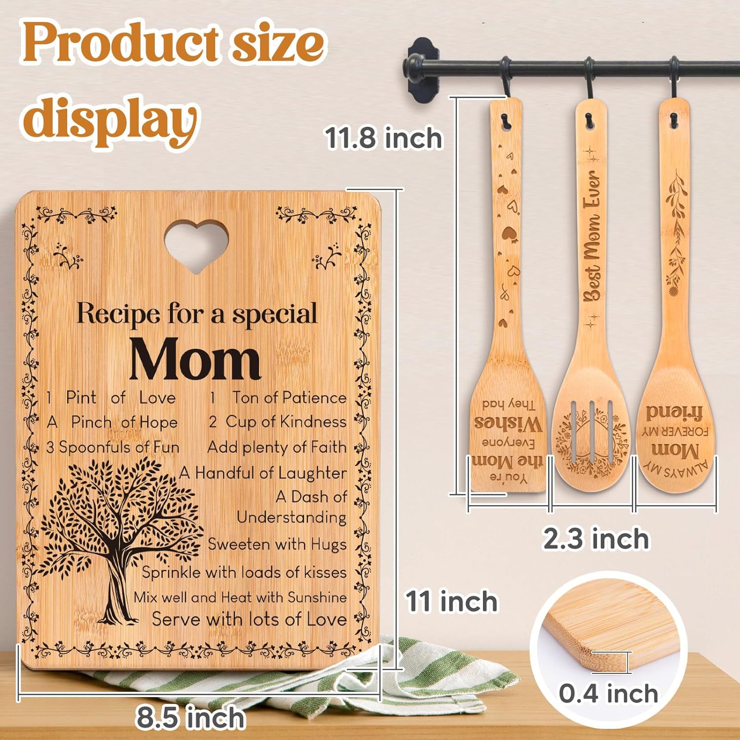 Gifts for Mom - "Recipe for a Special Mom" Mom Birthday Gifts Cutting Board Set, Bamboo-Made Engraved Utensil Set, Birthday Gifts for Mom from Daughter/Son - Image 2