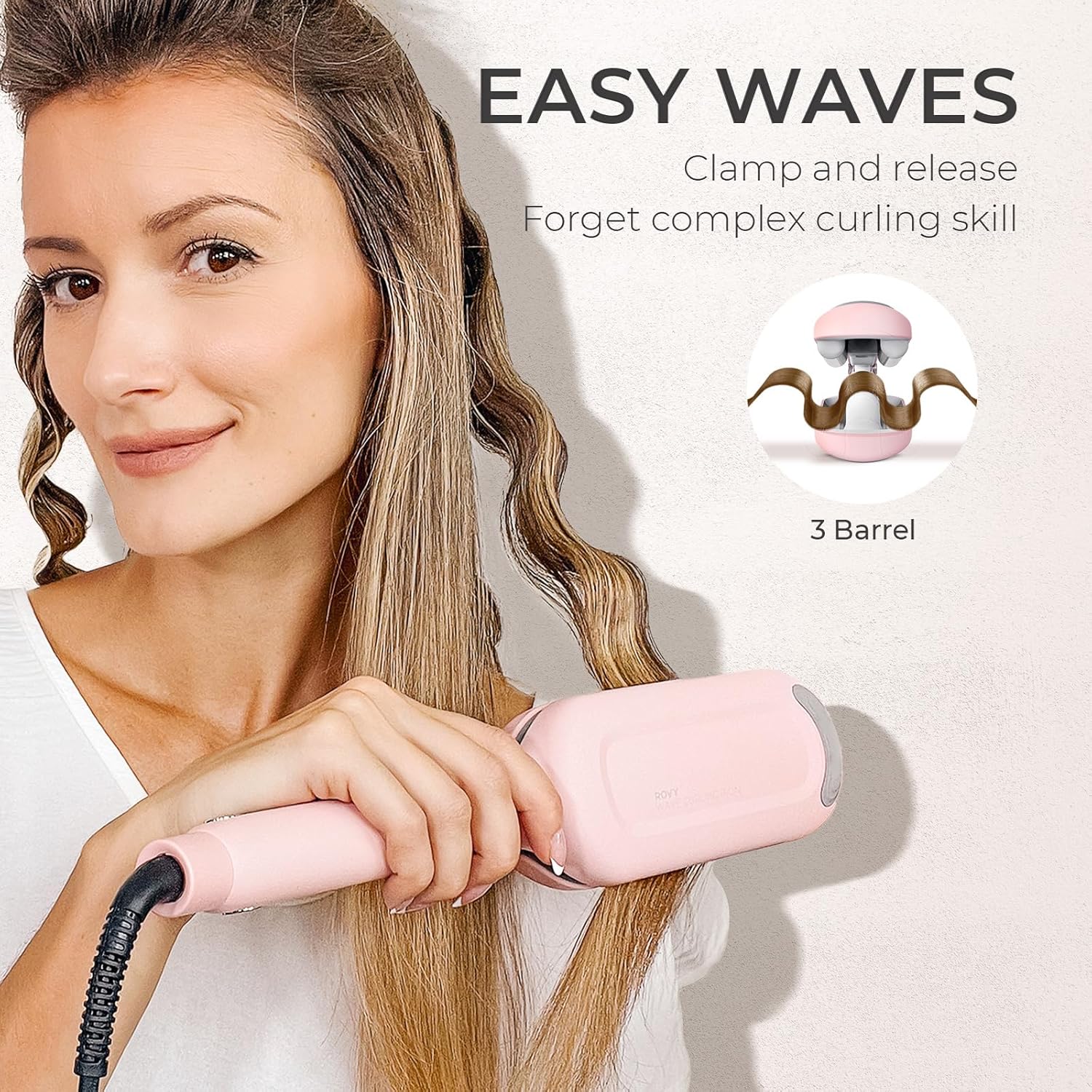 Curling Iron Hair Crimper Waver - TYMO ROVY Beach Waves Curling Wand, Ionic Deep Waver Hair Curler Tool with Ceramic 3 Barrel for Women, Dual Voltage, Anti-Scald, Easy to Use, Pink, 1.25 Inch - Image 2