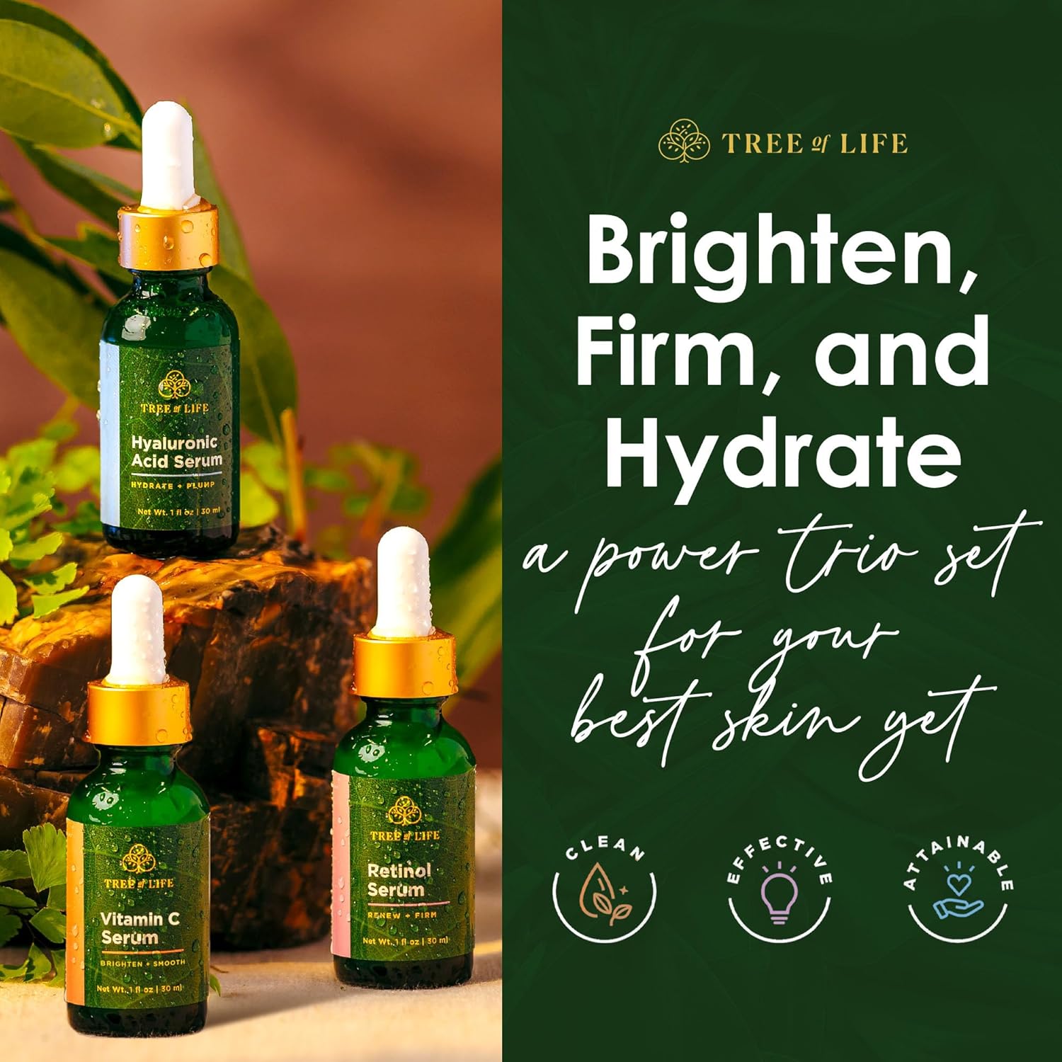 Tree of Life Beauty Facial Skin Care Set, Brightening, Firming & Hydrating Face Serums - Vitamin C, Retinol & Hyaluronic Acid for Smooth Radiant Skin, Dermatologist Tested, 1 Fl Oz (Pack of 3) - Image 2