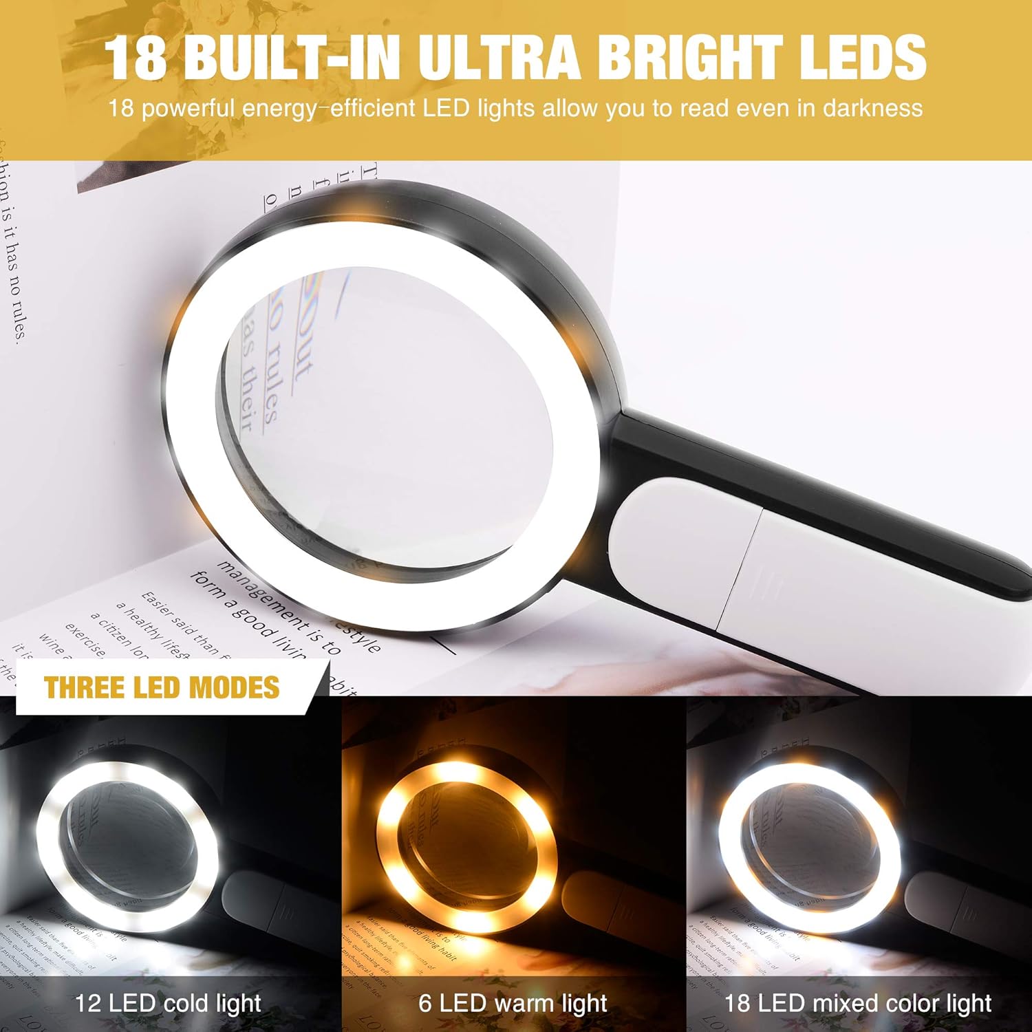 JMH Magnifying Glass with Light, Handheld Large Magnifying Glass 18LED Cold and Warm Light with 3 Modes, Illuminated Lighted Magnifier for Seniors Reading, Coins, Jewelry - Image 5