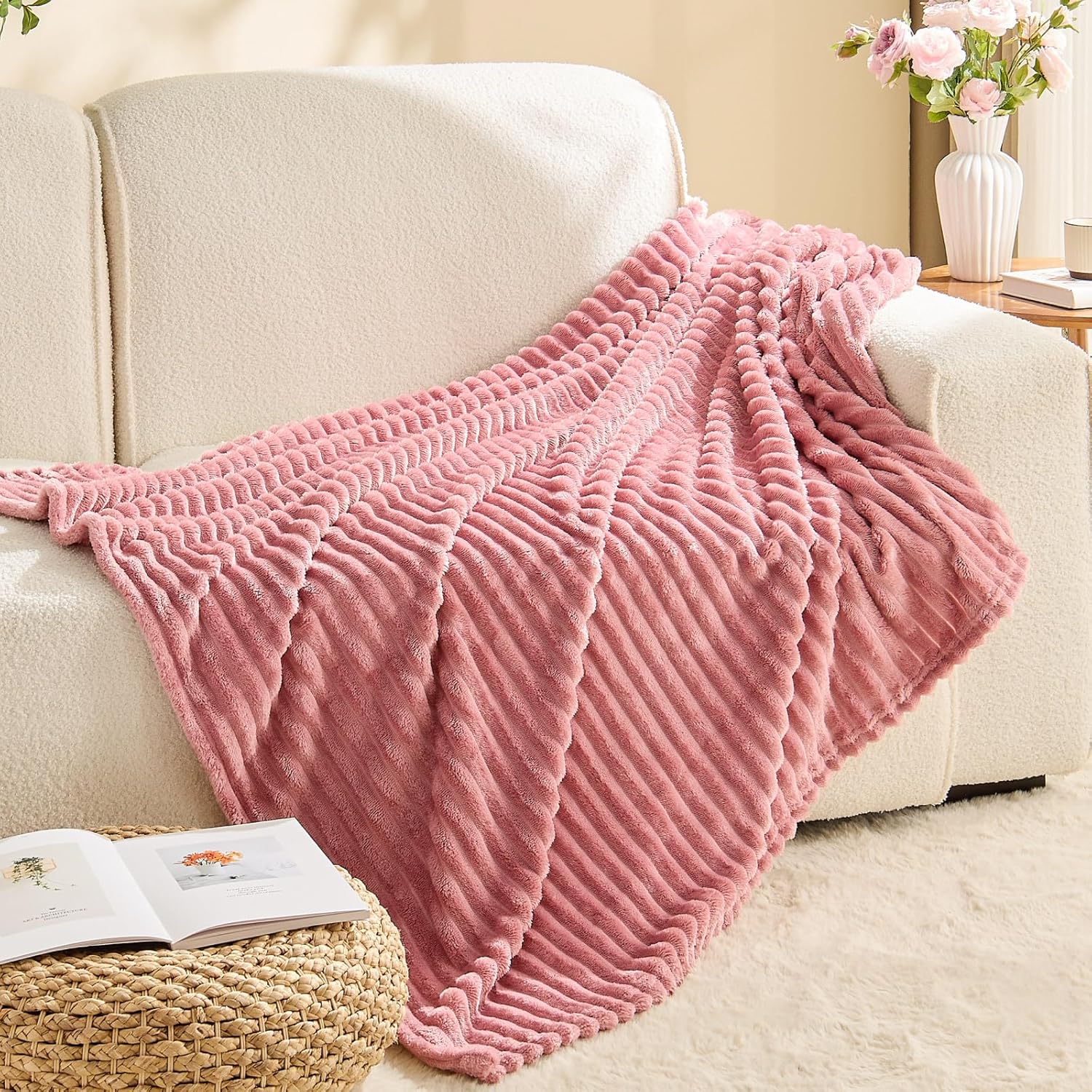 BEDELITE Fleece Throw Blanket for Couch – 3D Ribbed Jacquard Soft and Warm Decorative Fuzzy Blanket – Cozy, Fluffy, Plush Lightweight Pink Throw Blankets for Bed, Sofa, 50x60 inches - Image 8
