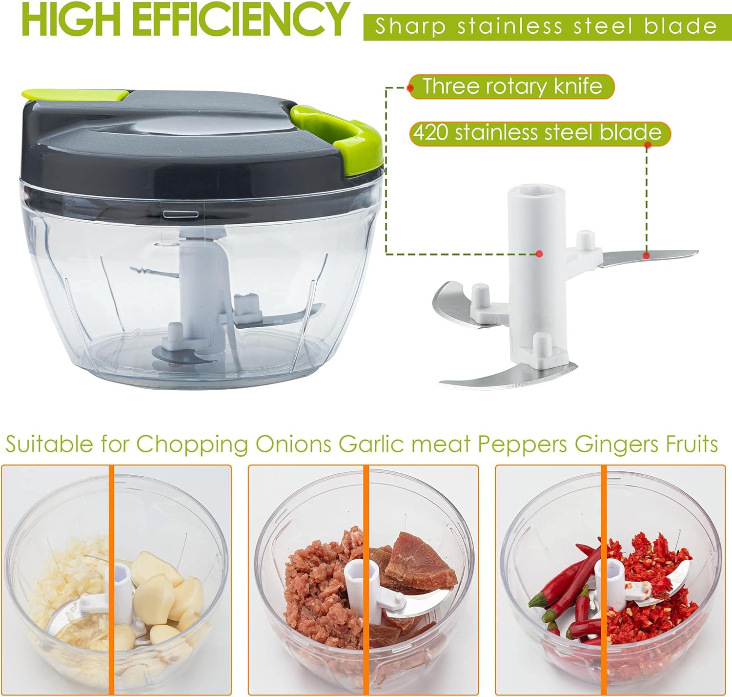 Multi-Function Manual Food Chopper & Processors with Handle and Cover,Vegetable Chopper Shredder,Garlic Press,Suitable for Onions Garlic Peppers Carrots Gingers Fruits,Ideal Gift for Kitchen(Green) - Image 4