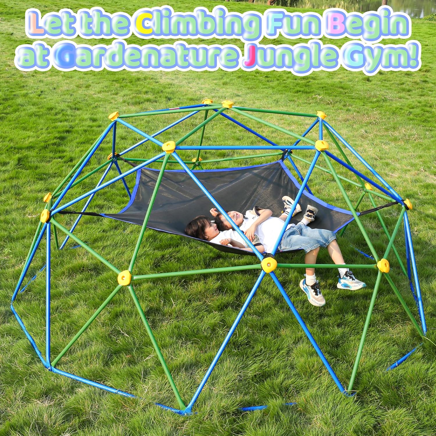 Gardenature 10FT Climbing Dome with Hammock, Outdoor Jungle Gym for Kids, Geometric Dome Climber Supporting 880 Lbs Anti-Rust Metal Outdoor Play Structure ASTM Approved Blue & Green - Image 7