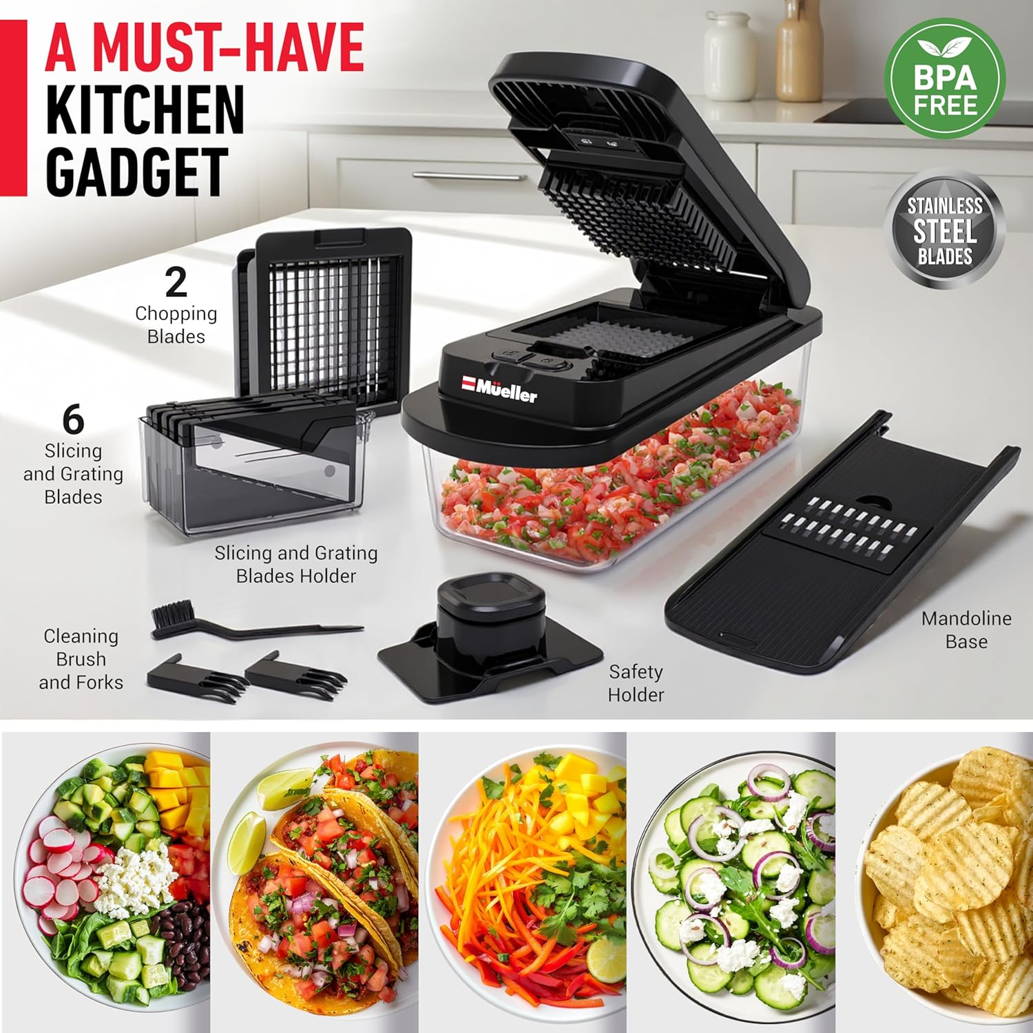 Mueller Pro-Series 10-in-1, 8 Blade Vegetable Chopper, Mandoline Slicer, Onion Mincer, Cutter, Dicer, Veggie Chopper with Container, Kitchen Essentials & Gadgets, House Warming Gifts New Home, Black - Image 7