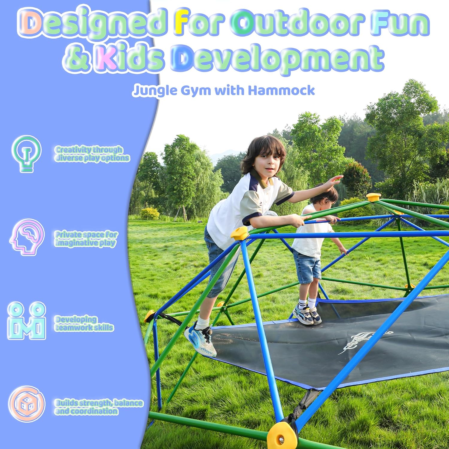 Gardenature 10FT Climbing Dome with Hammock, Outdoor Jungle Gym for Kids, Geometric Dome Climber Supporting 880 Lbs Anti-Rust Metal Outdoor Play Structure ASTM Approved Blue & Green - Image 4